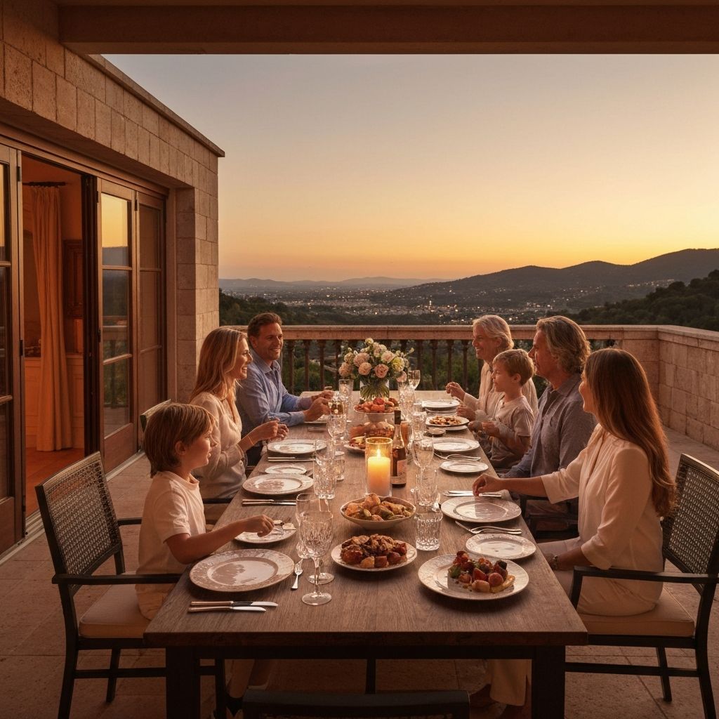 Sofisticirani obiteljski obrok na kamennoj terasi pri zalasku, elegantan zajedničkog jelo, aspiracijski mode