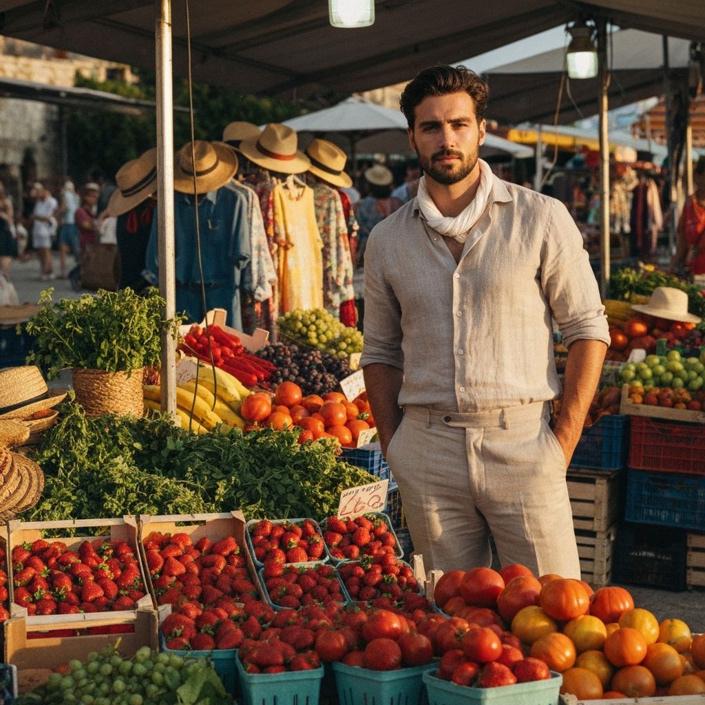 Stilizirana osoba na živanoj hrvatskoj tržnici sa svježim voćem i povrćem, u zlatnom svjetlu podvečerja