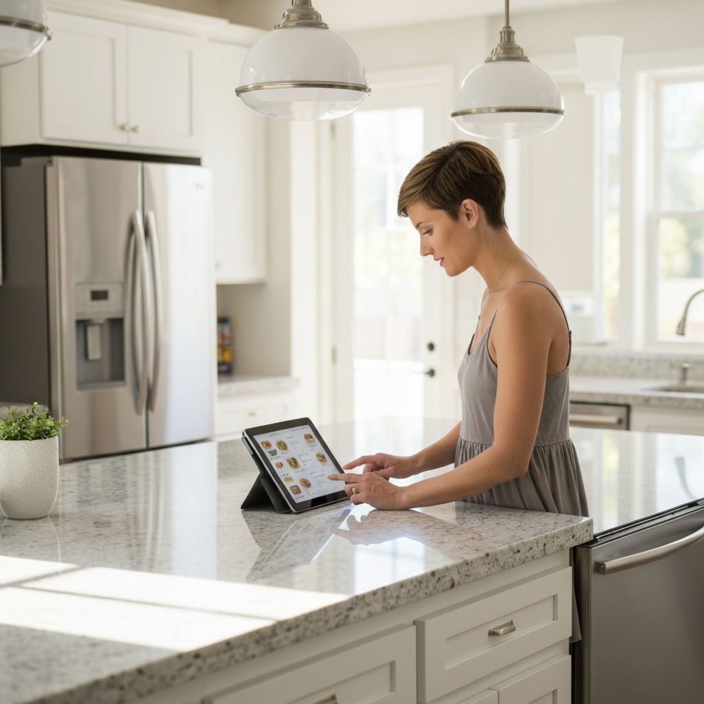 Žena koristi tablet za planiranje jela na svijetloj otočnoj kuhinji s toplijem prirodnim svjetlom